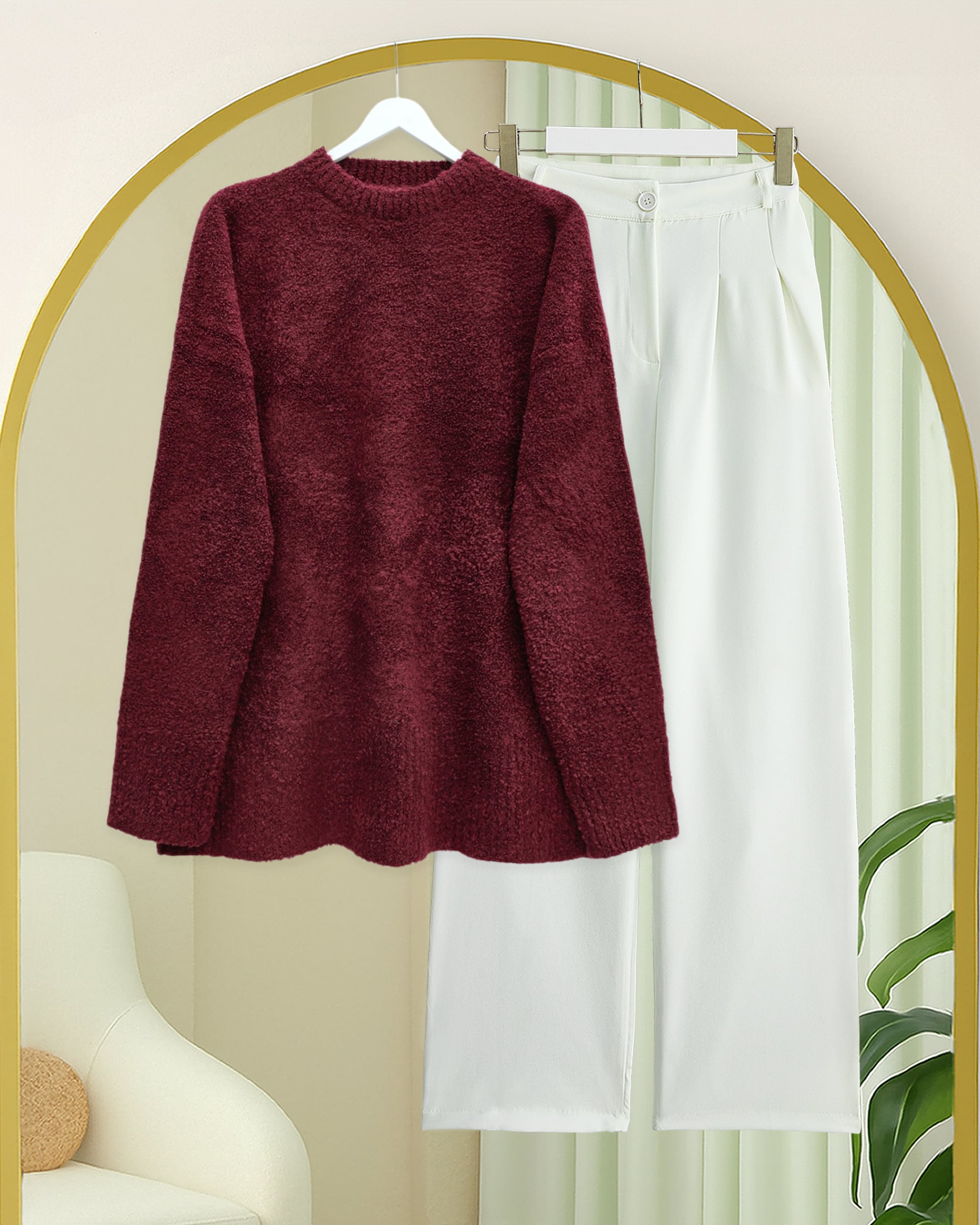 Round Neck Relaxed Soft Knit Sweater - Burgundy - Podyumplus - by Peralane - photo 3