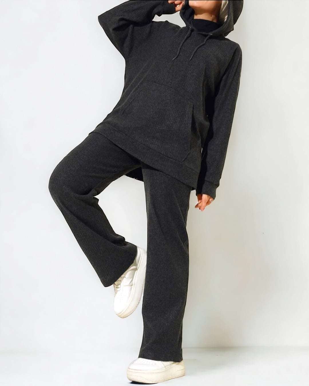 Hooded Kangaroo Pocket Ribbed Set - Anthracite - Podyumplus - by Peralane - photo 3