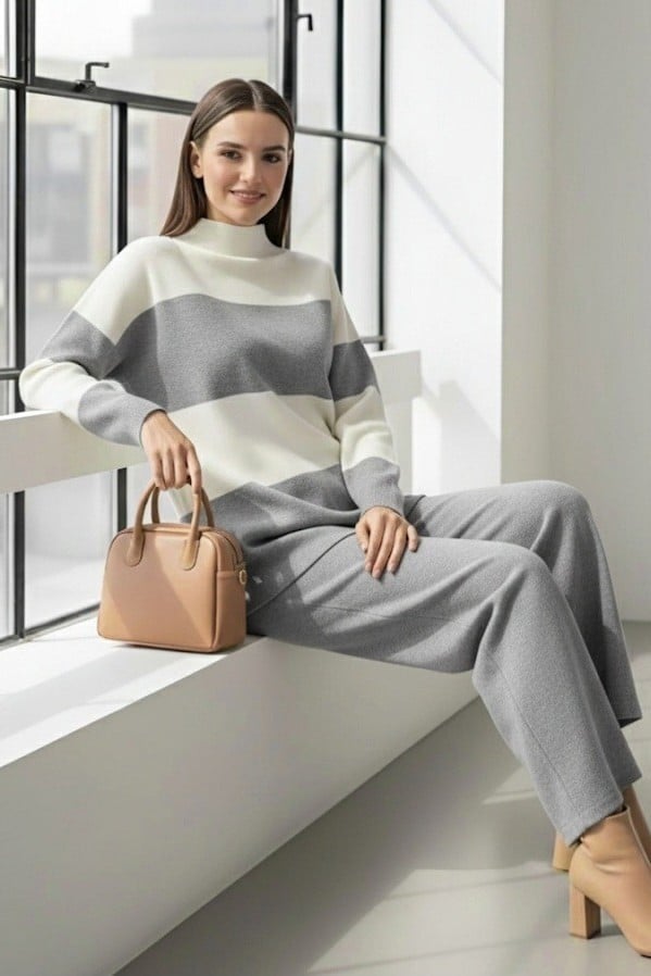 Women's Half-Zip Striped Knit Loungewear Set in Grey - Podyumplus - by Peralane - photo 2