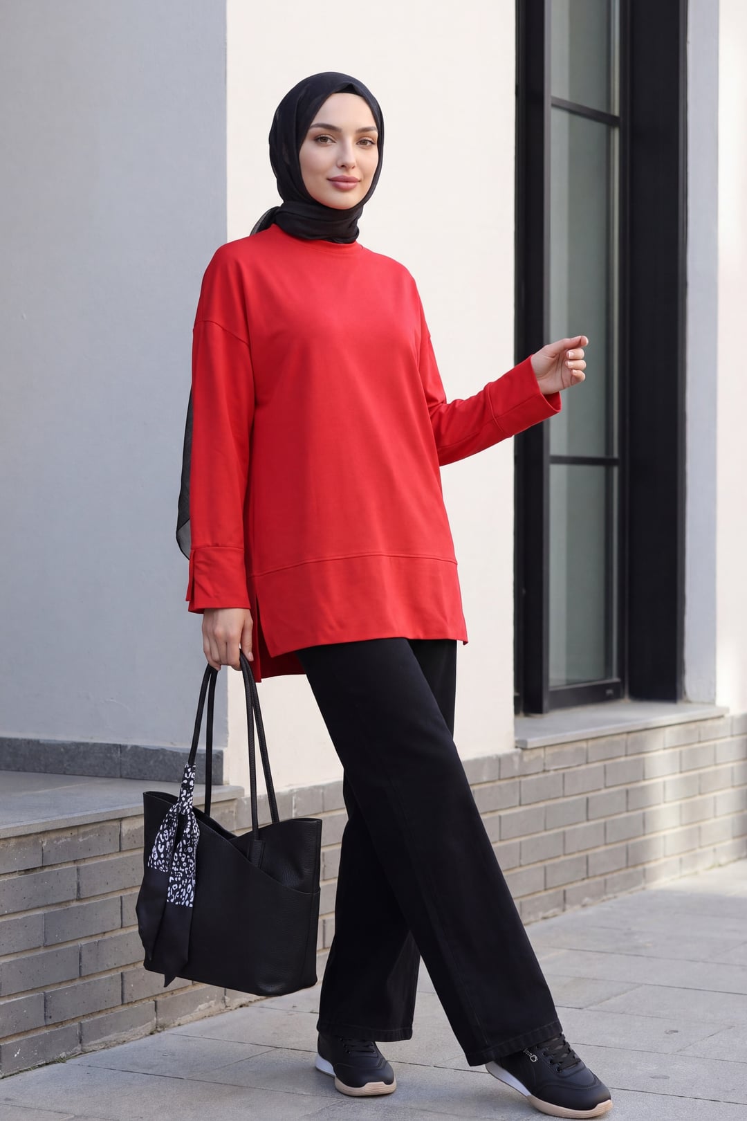 Bicycle Neck Side Slit Oversize Cotton Jersey Tunic - Red - Podyumplus - by Peralane - photo 2