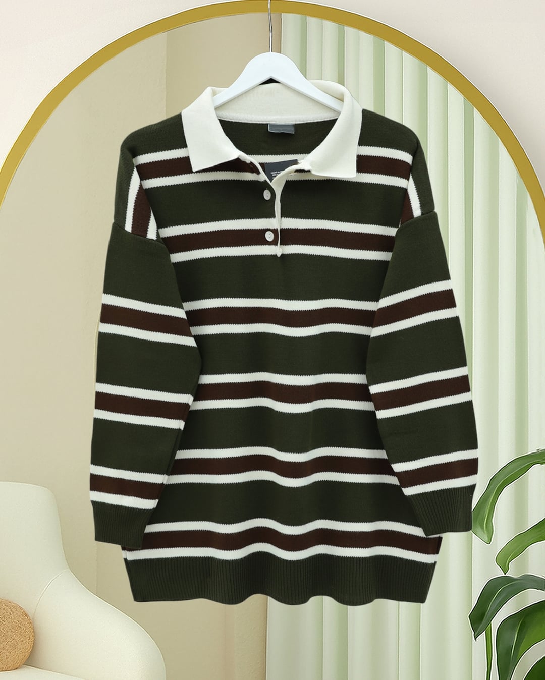 Polo Collar Half Button Colourful Striped Knit Sweater - Khaki - Podyumplus - by Peralane - photo 3