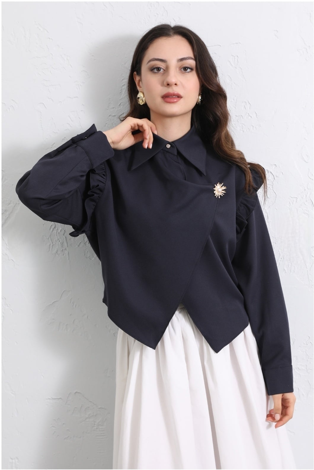 Navy Blue Ruffle Shoulder Wrap Blouse with Brooch Detail - Podyumplus - by Peralane - photo 6