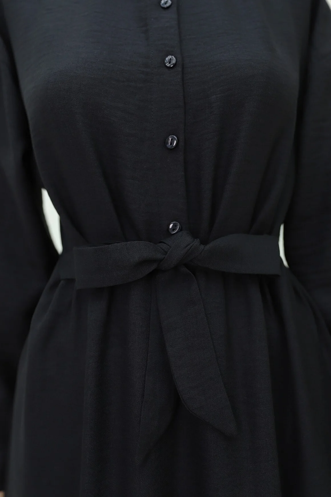 Half Button Stand Collar Tie Waist Linen Look Dress - Black - Podyumplus - by Peralane - photo 5