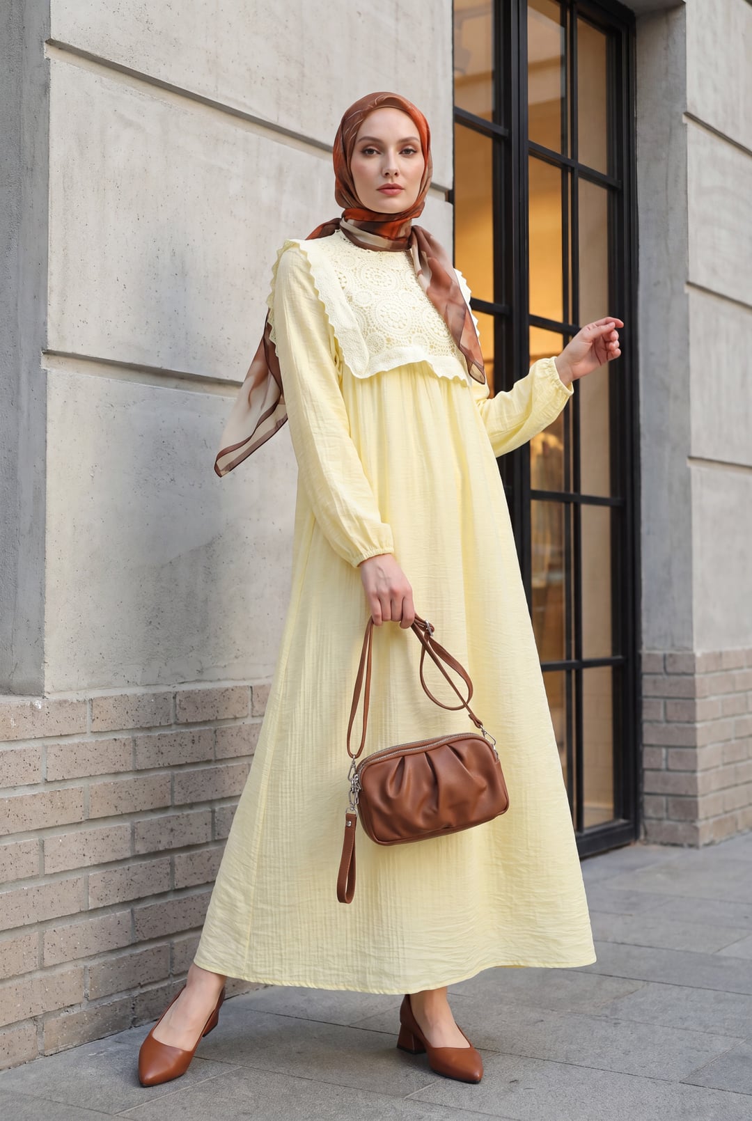 Pale Yellow Crinkle Cotton Dress with Removable Lace Vest - Podyumplus - by Peralane