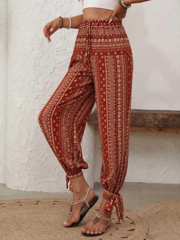 Women's High Waist Patterned Side Slit Tie Ankle Trousers - Janes - by Peralane - photo 2
