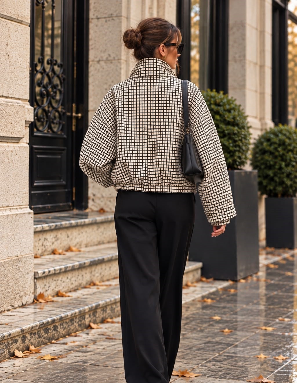 Women's Beige Grid Pattern Lined Bomber Jacket 0777 - Bigdart - by Peralane