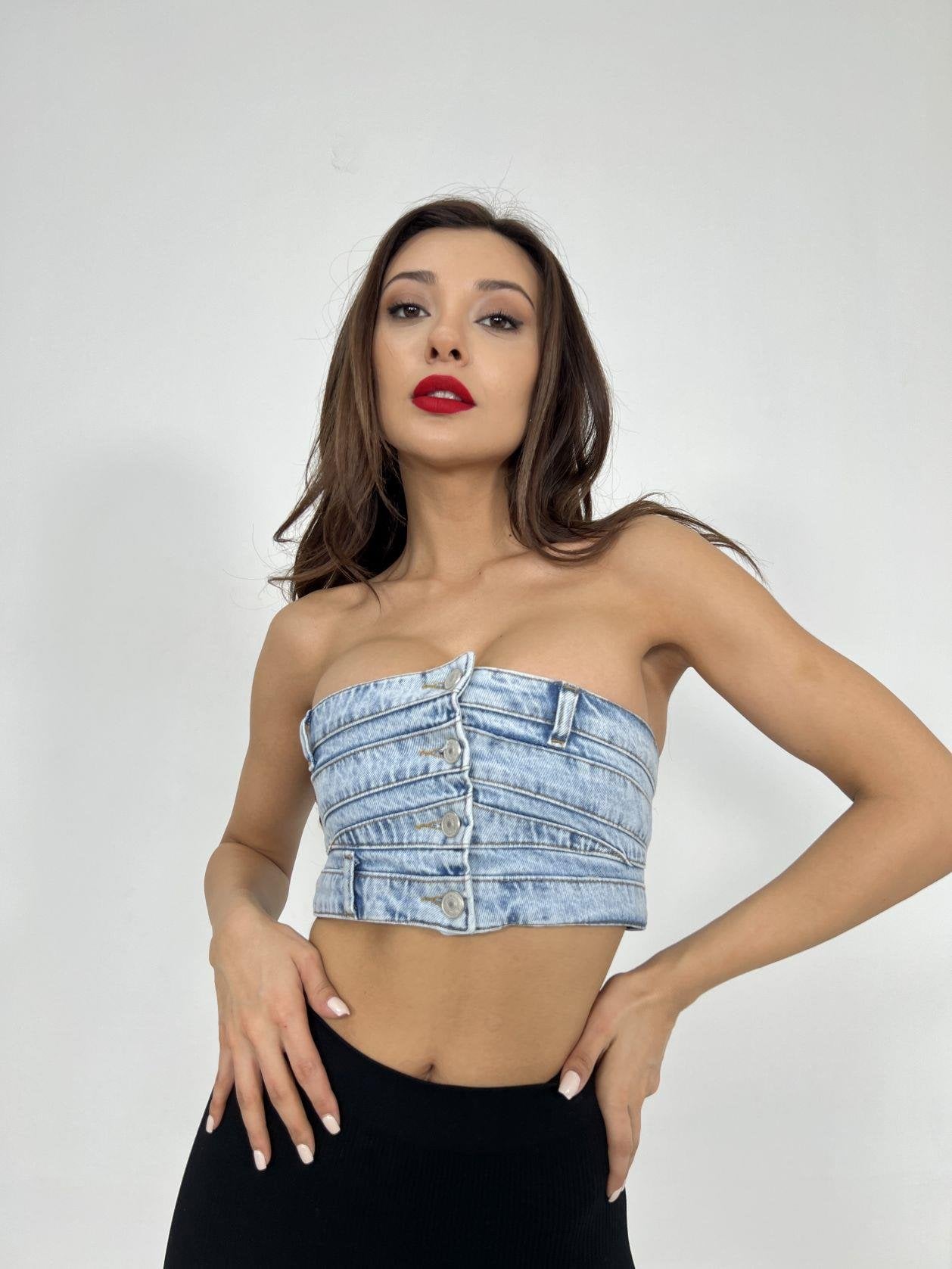 Women's Light Blue Denim Strapless Crop Tube Top - Fame - by Peralane - photo 4