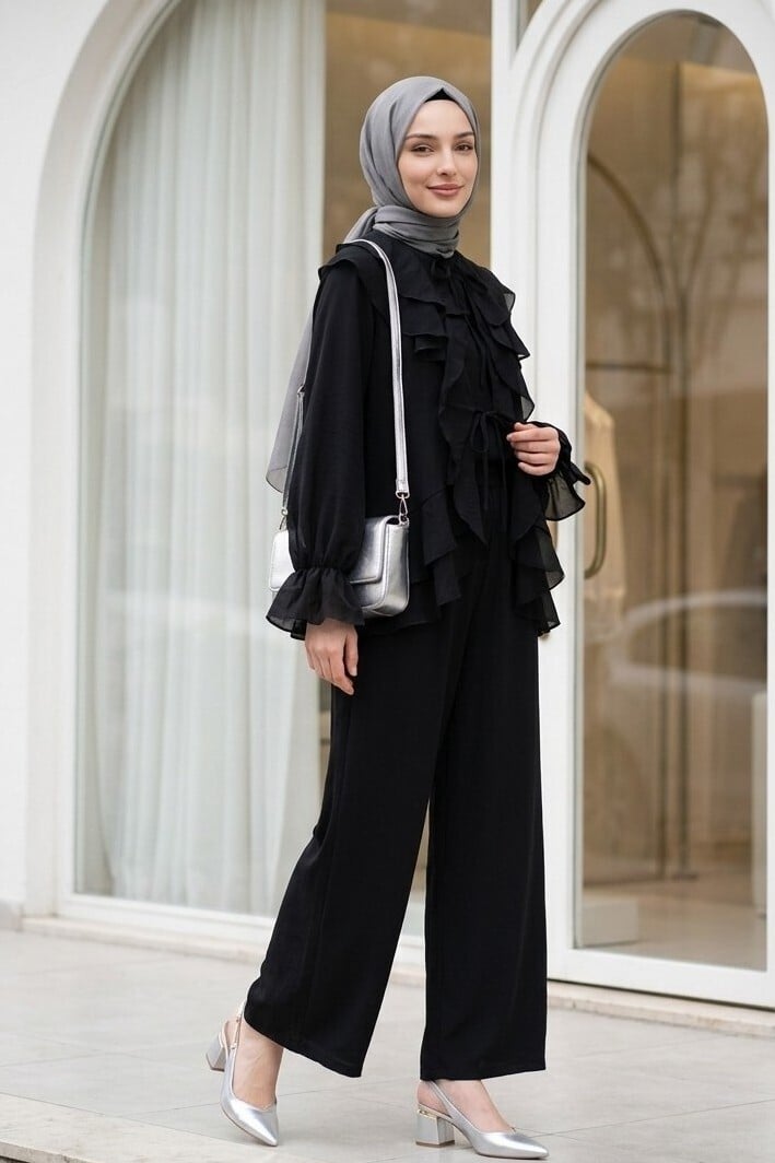 Black Lace-Up Front Layered Collar Long-Sleeve Blouse and Lined Wide-Leg Trousers Two-Piece Set - Podyumplus - by Peralane