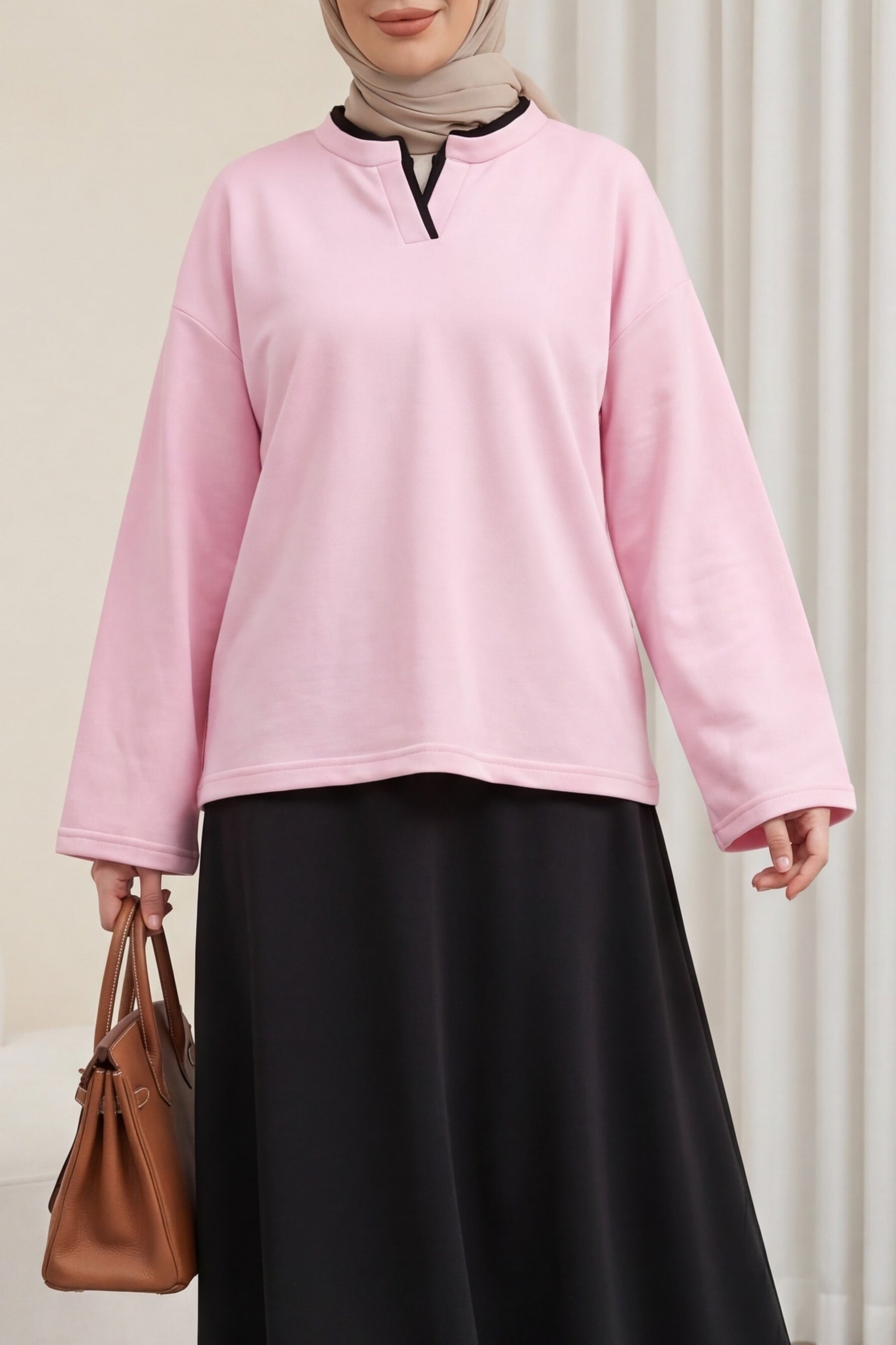 V-Neck Double Layer 2-Thread Jersey Blouse - Pink - Podyumplus - by Peralane
