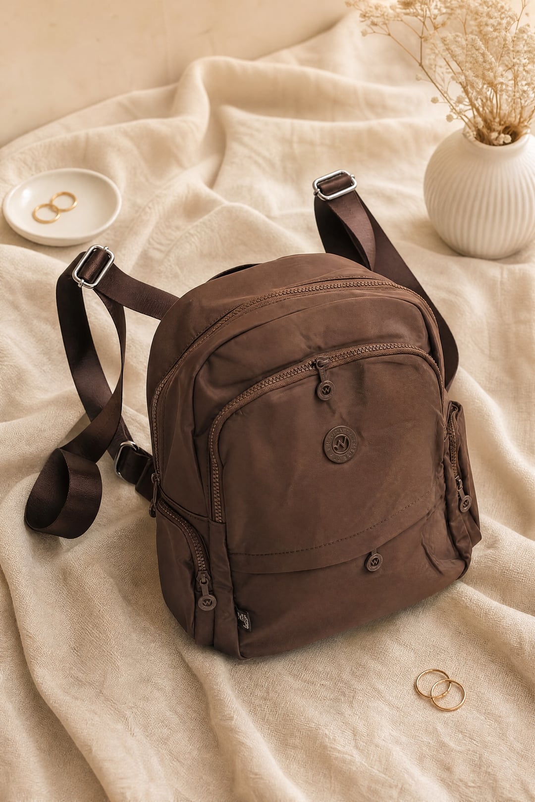 Multi-Compartment Water-Repellent Daily Backpack - Brown - Podyumplus - by Peralane