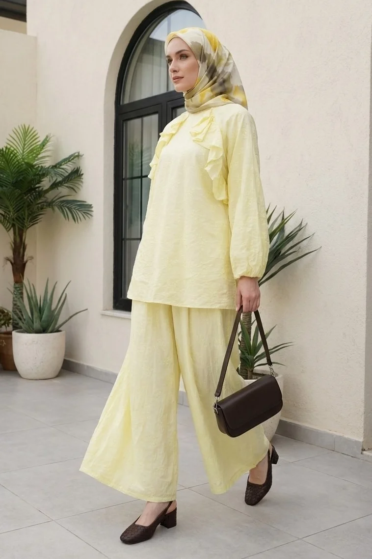 Yellow Bicycle Neck Ruffle Front Lined Voile Two-Piece Set - Podyumplus - by Peralane - photo 5
