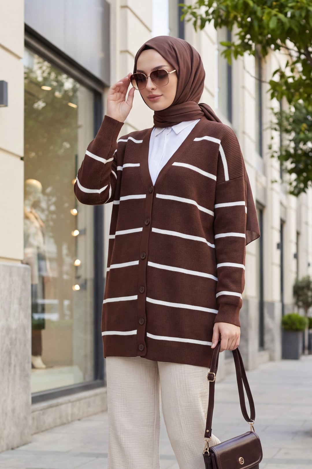 Striped Button-Front Knit Cardigan - Brown - Podyumplus - by Peralane