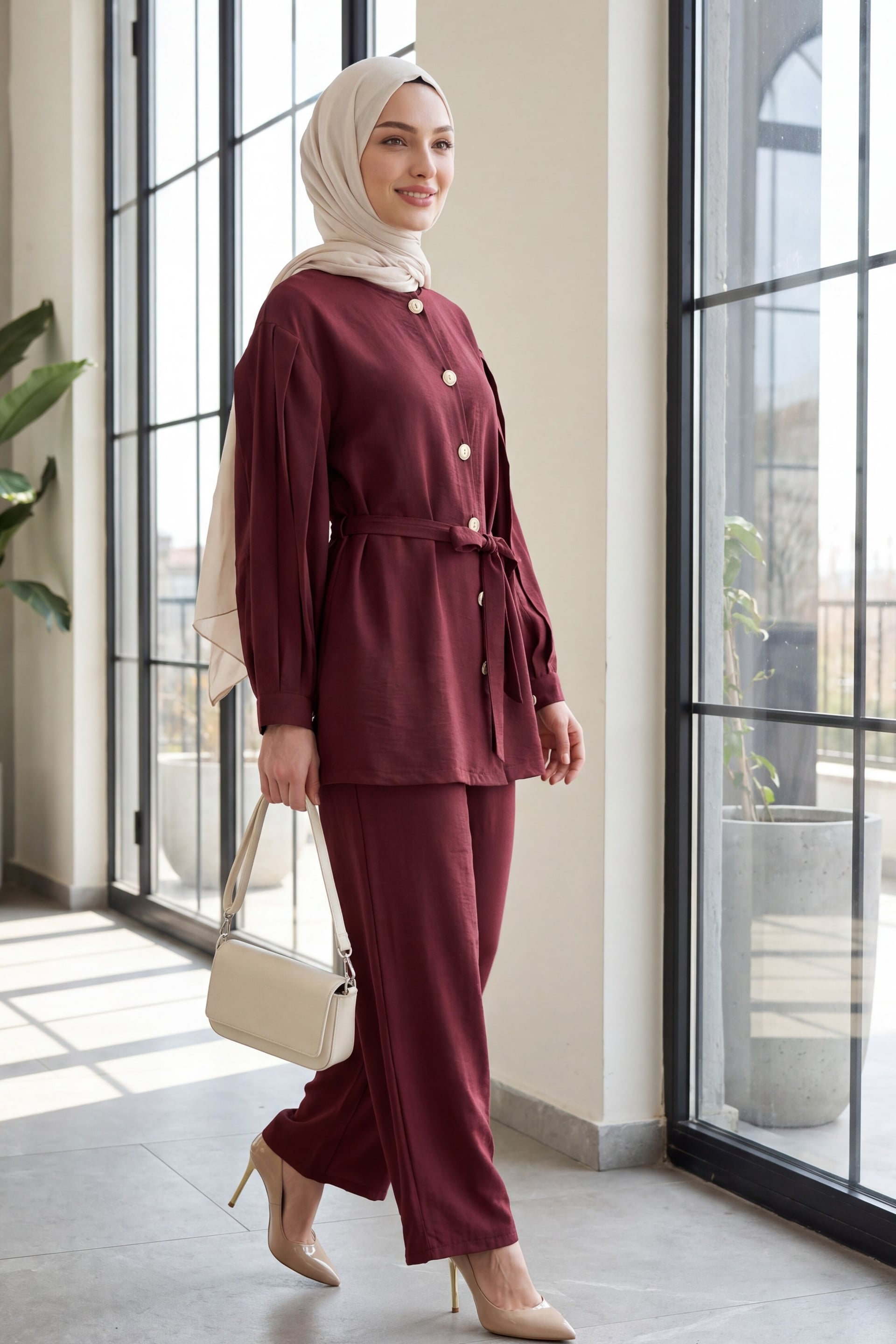 Burgundy Watermelon Sleeve Tie-Belt Trousers Set for Women - Podyumplus - by Peralane - photo 2