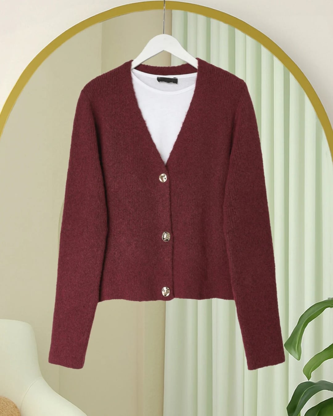 Button-Front Soft Knit Cardigan - Burgundy - Podyumplus - by Peralane - photo 3