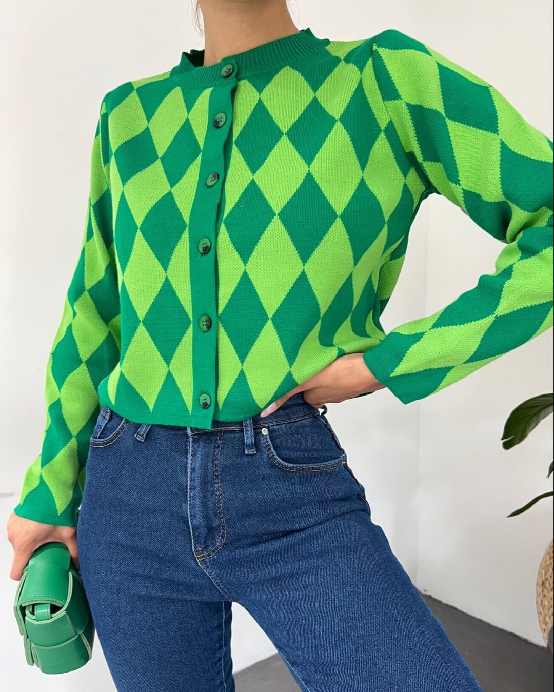 Green Diamond Pattern Button-Front Knit Cardigan - Podyumplus - by Peralane - photo 4