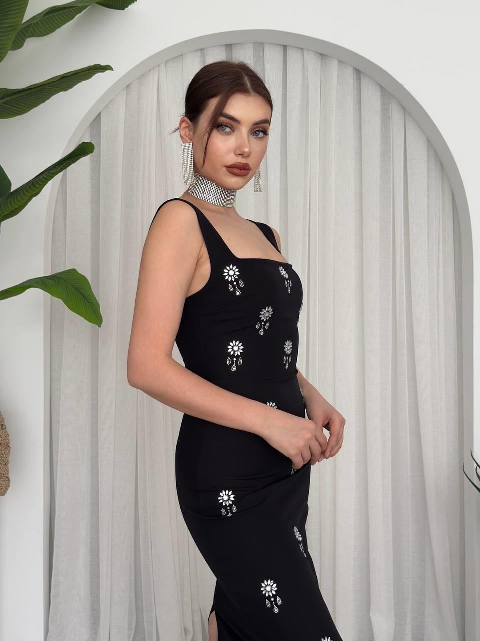 Black Sleeveless Dress with Floral Print and Stone Details - Etika - by Peralane - photo 4