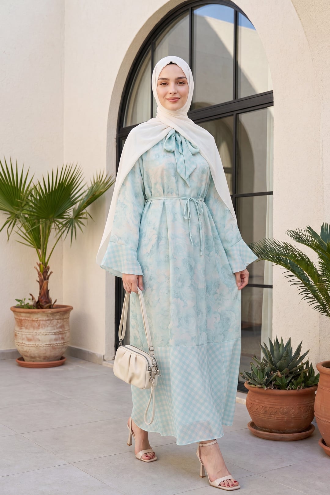 Tie Waist and Neckline Patterned Lined Chiffon Dress - Light Blue - Podyumplus - by Peralane - photo 2