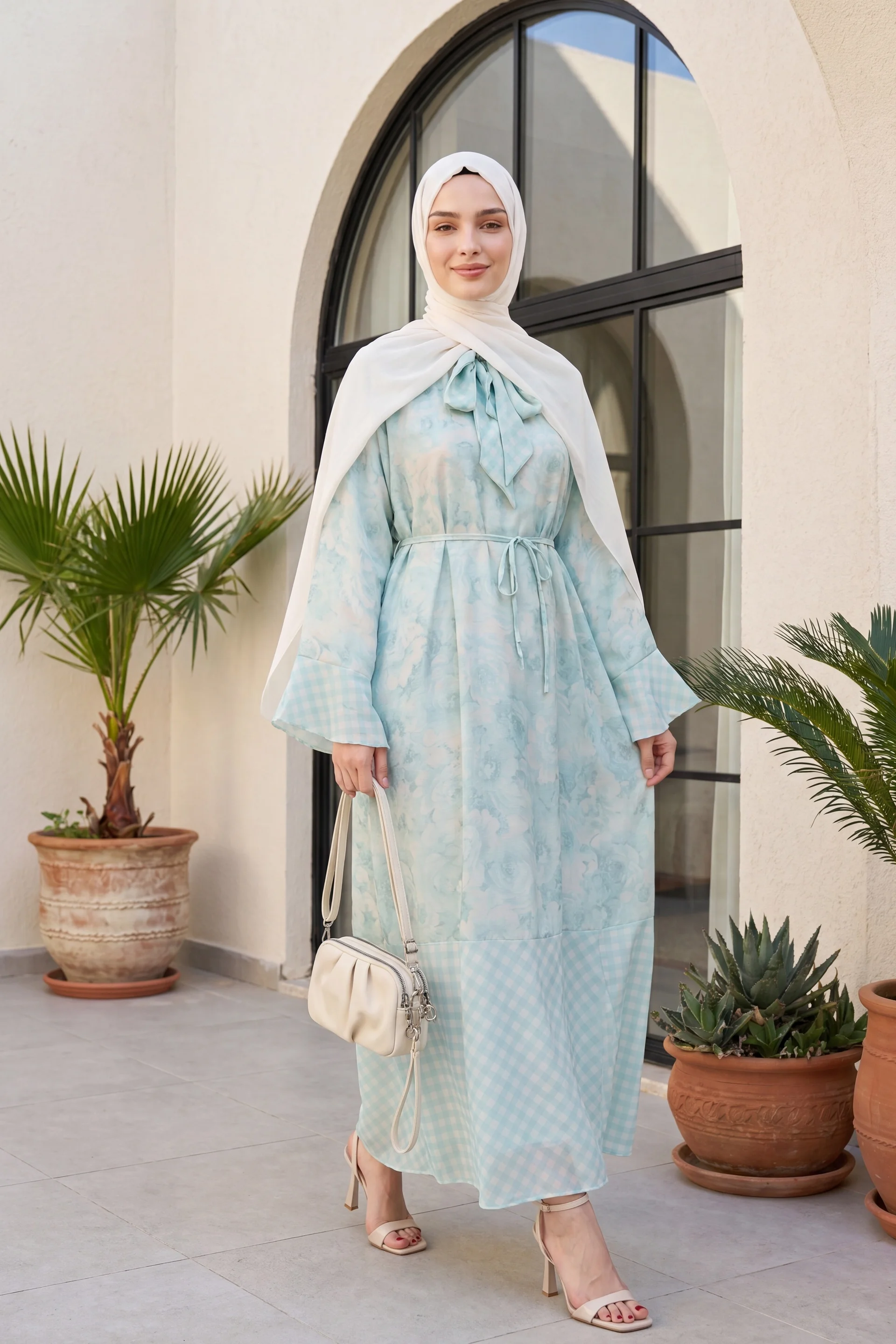 Tie Waist and Neckline Patterned Lined Chiffon Dress - Light Blue - Podyumplus - by Peralane - photo 2
