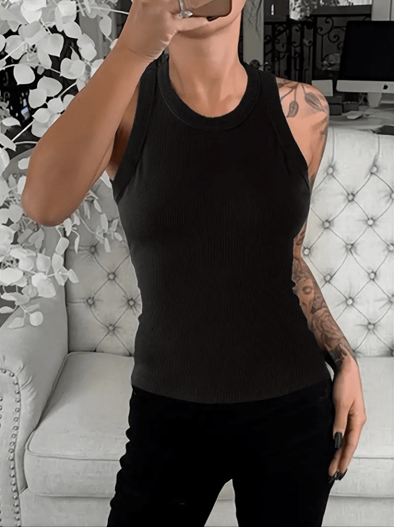 Women's Black Ribbed Racerback Tank Top - Janes - by Peralane