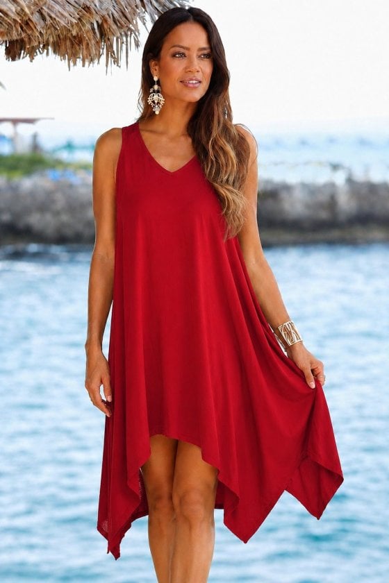 Women's Red Sleeveless V-Neck Asymmetric Hem Short Viscose Dress - Janes - by Peralane - photo 3