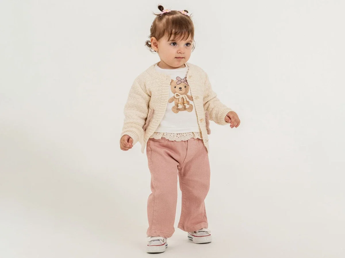 Girl's Teddy Bear Print Cardigan, T-Shirt and Trousers 3-Piece Set in Dusty Pink - Pampal Kids - by Peralane