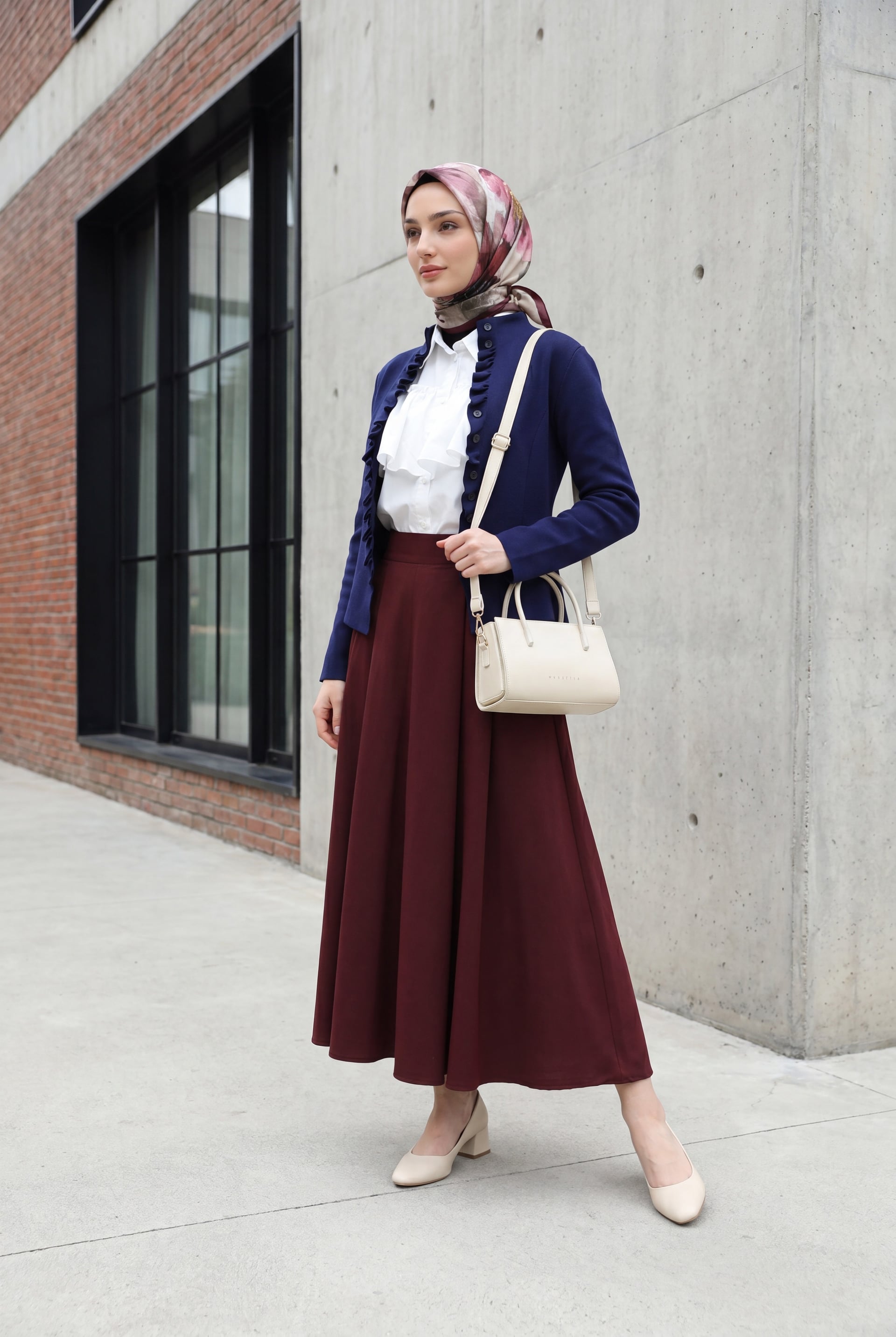 Navy Blue Ruffled Placket Buttoned Stand-Collar Knit Cardigan - Podyumplus - by Peralane - photo 4