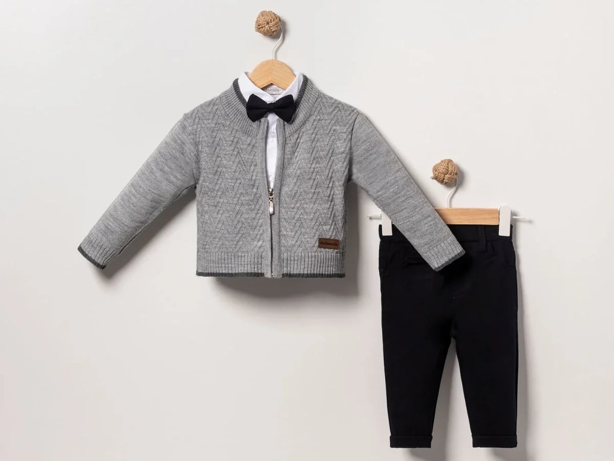 Boys' 3-Piece Knit Cardigan Set with Bow Tie - Grey - Eymus - by Peralane