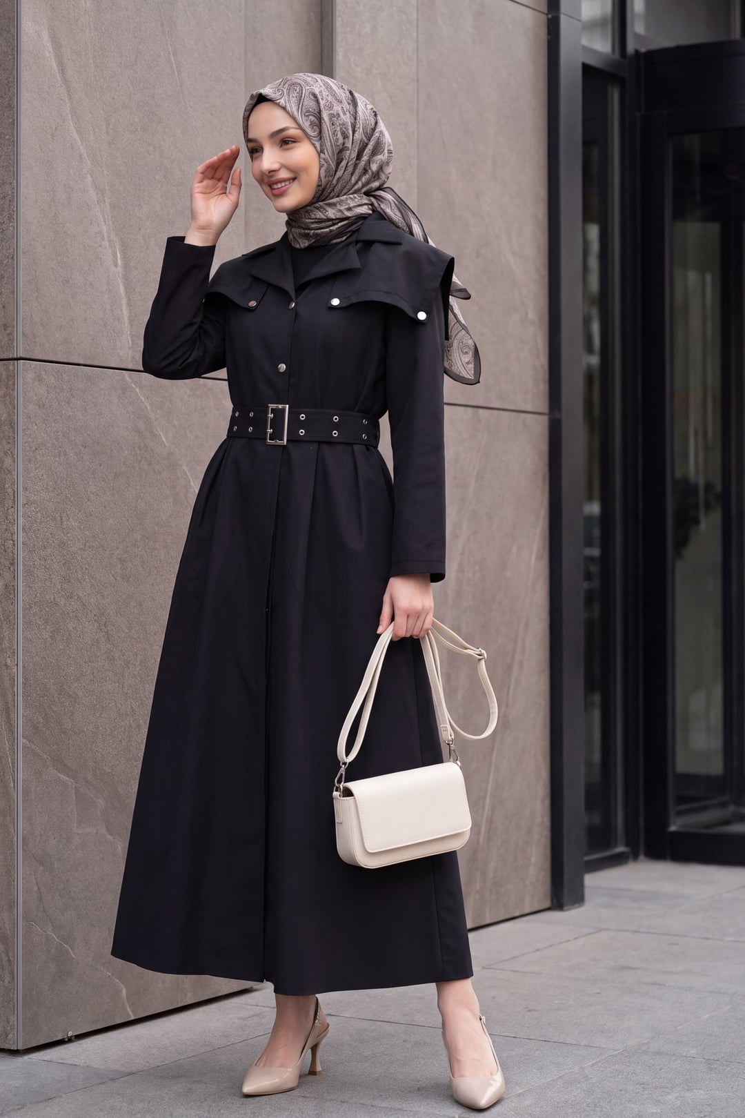 Half-Button Collared Side-Pocket Belted Cotton Satin Dress - Black - Podyumplus - by Peralane - photo 2
