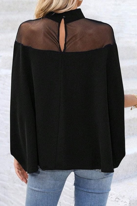 Women's Black Mock Neck Sheer Detail Wide Cut Blouse - Janes - by Peralane - photo 5
