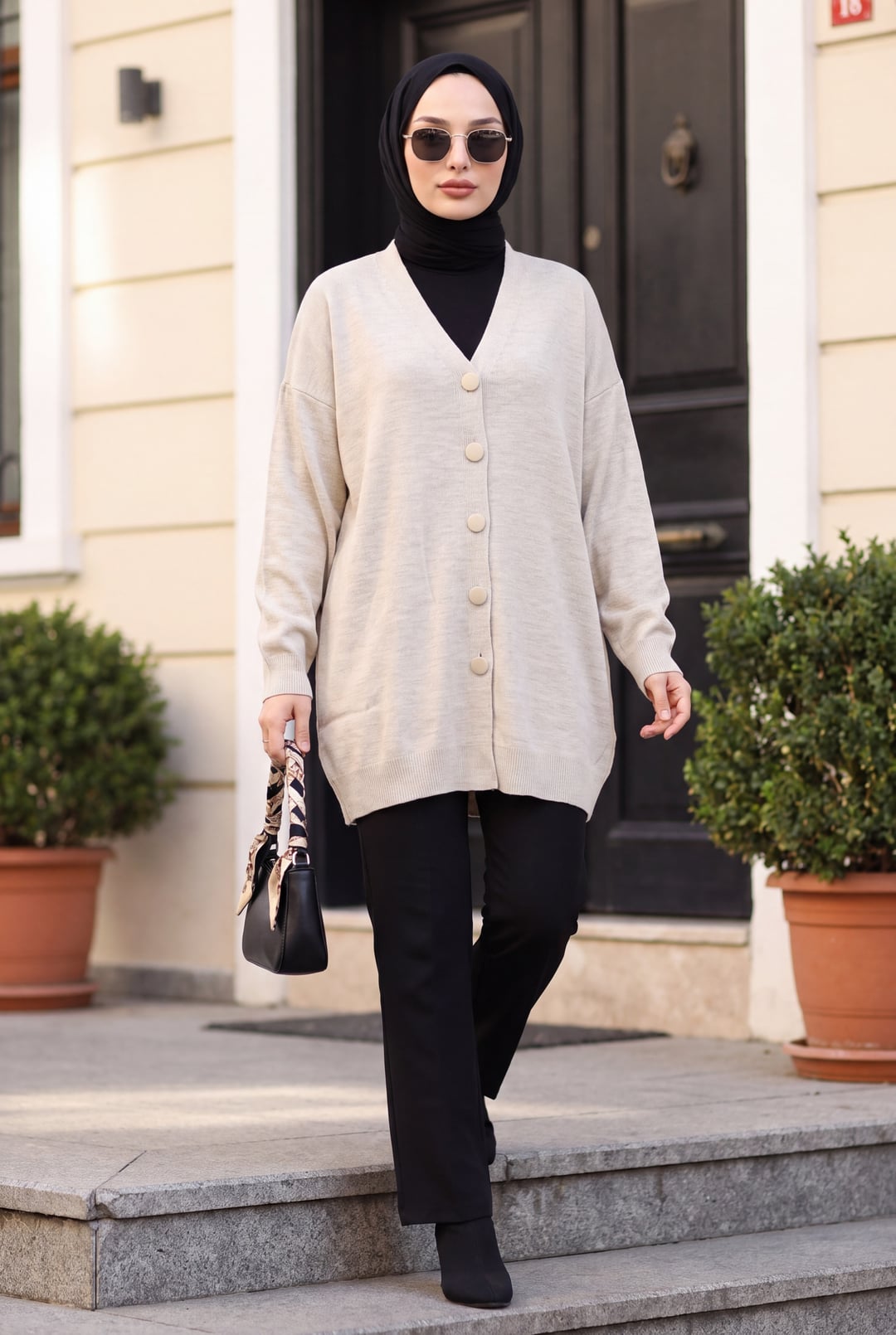 Button-Front Oversize Knit Cardigan - Stone - Podyumplus - by Peralane - photo 3