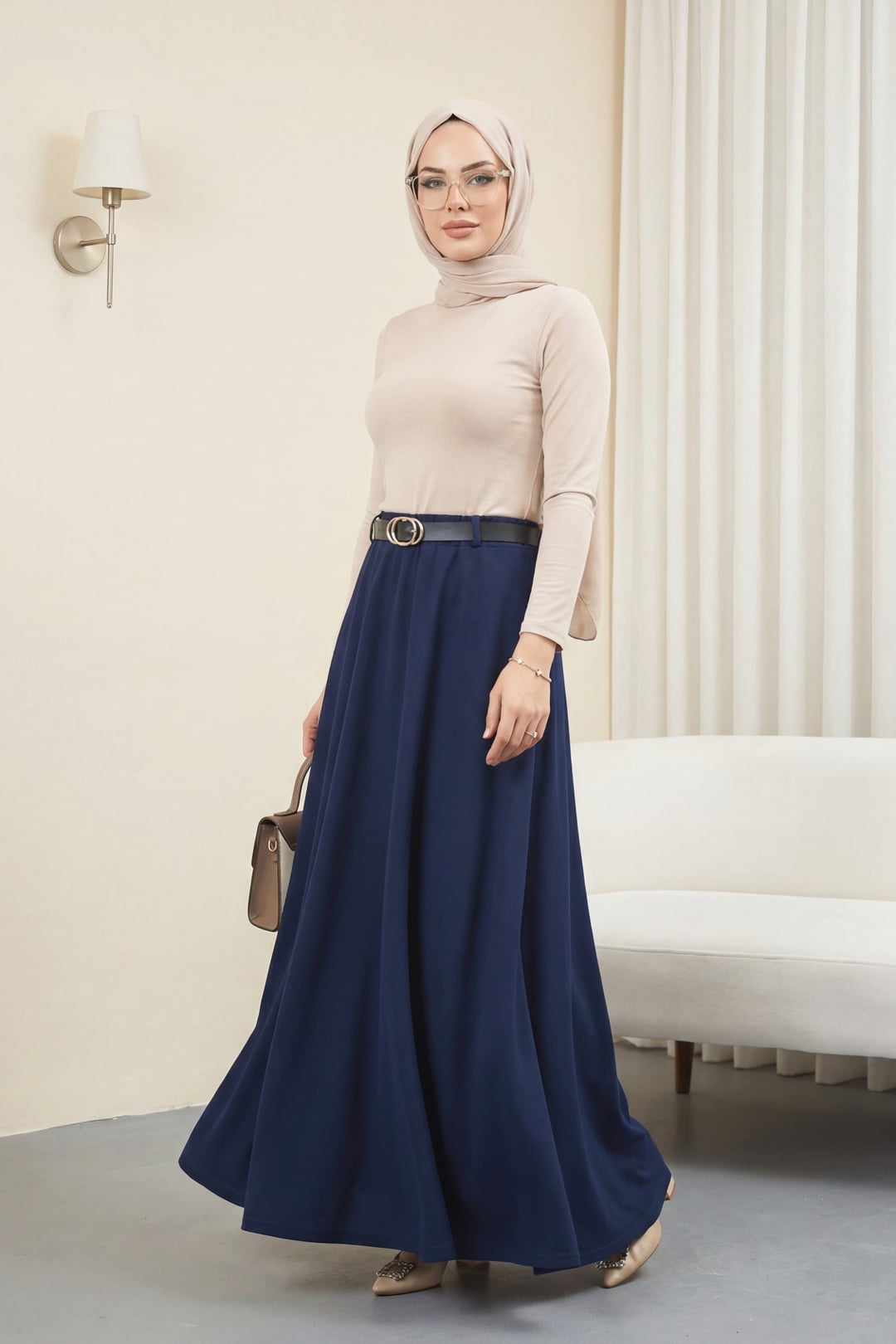 Navy Blue Elastic Waist Belted Flowy Skirt - Women's Maxi Skirt - Podyumplus - by Peralane - photo 2