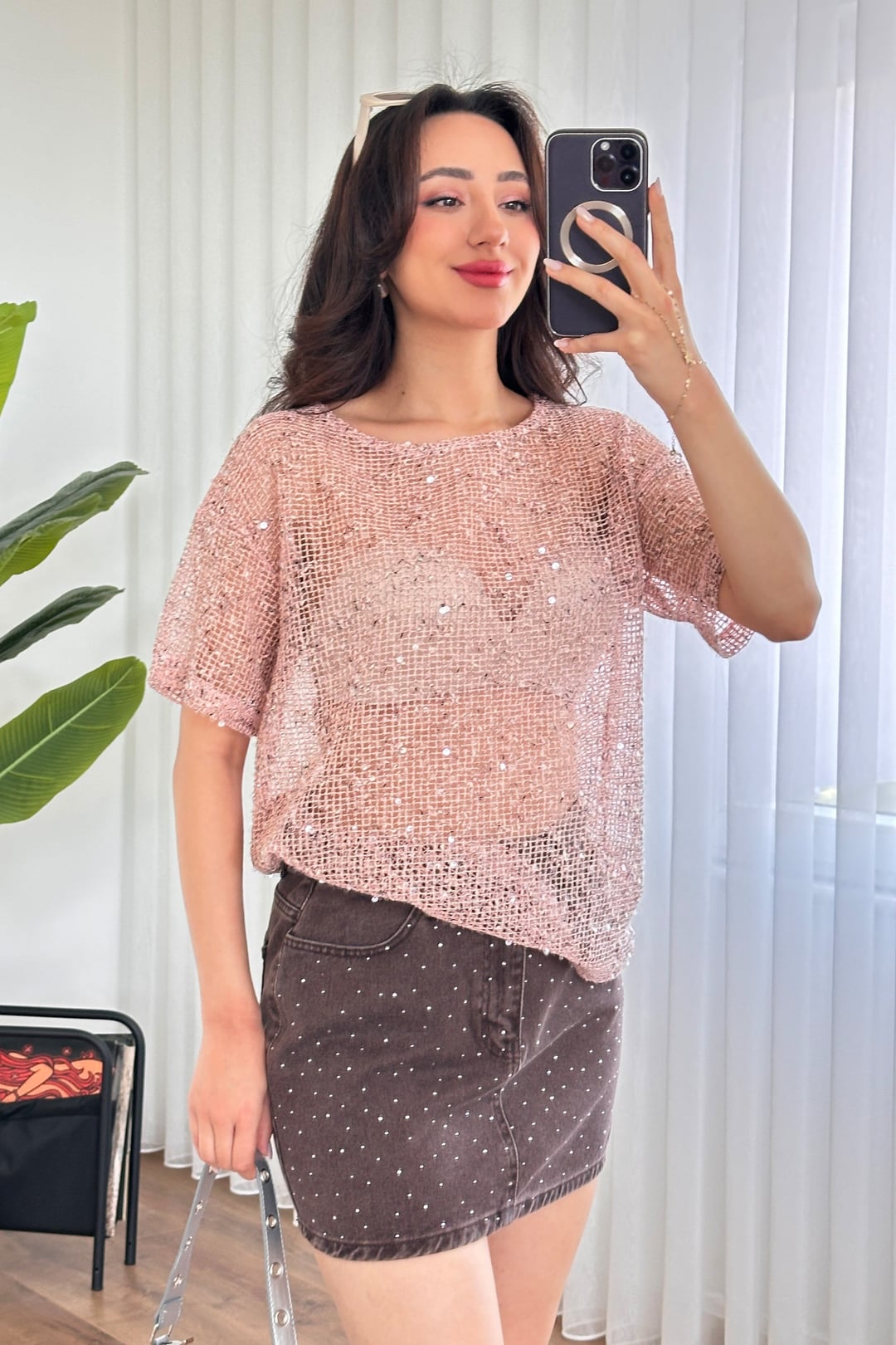 Pink Sequin Trim Blouse with Tie Neck Detail for Women - Lustri̇n - by Peralane - photo 4