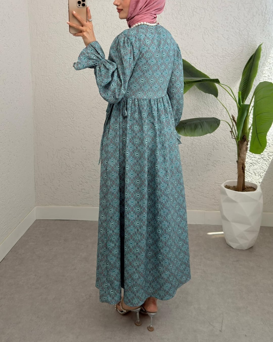 Half-Button Waist-Tie Patterned Maxi Dress - Mint - Podyumplus - by Peralane - photo 6