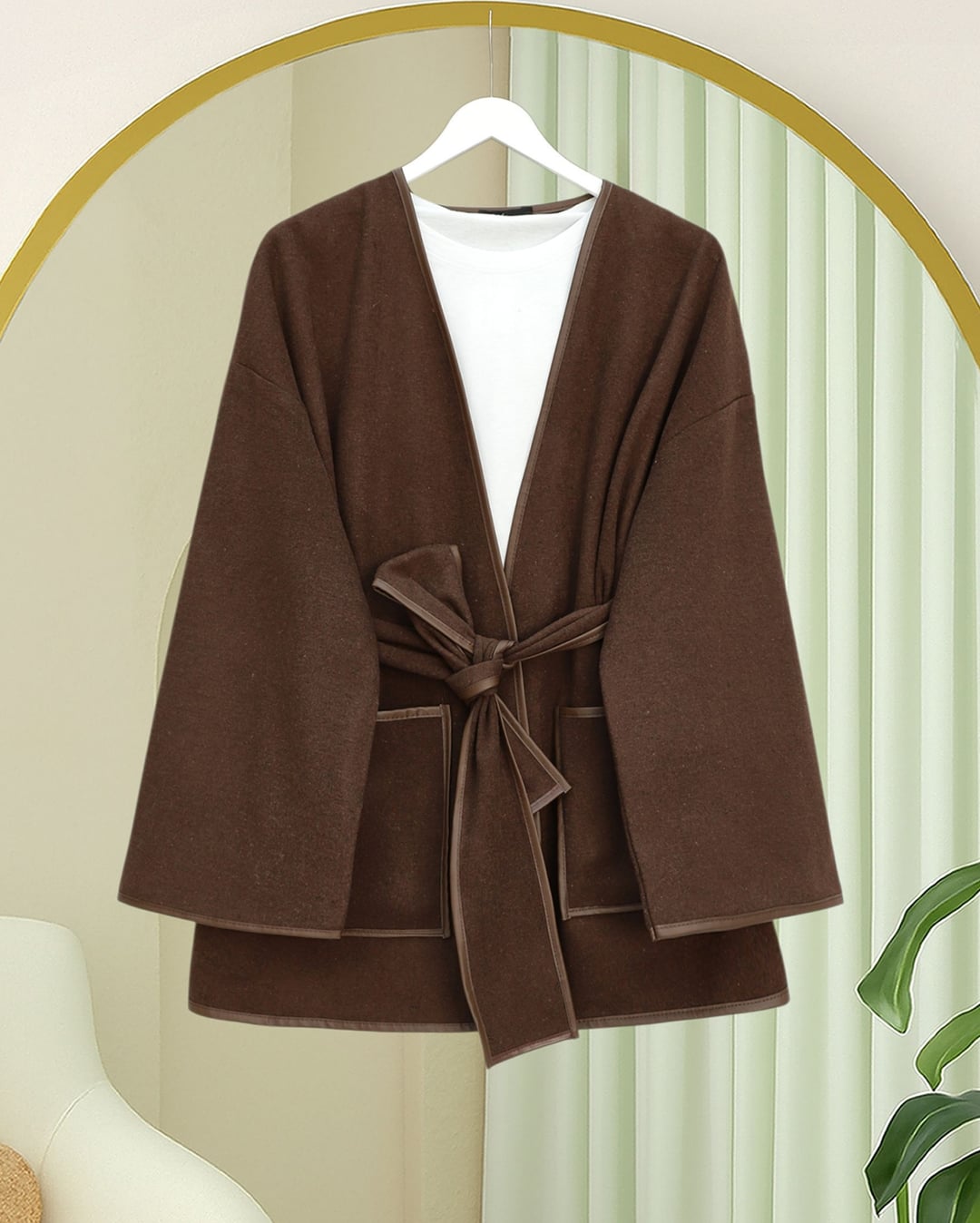Bias Trim Double Pocket Belted Fleece Kimono - Brown - Podyumplus - by Peralane - photo 4