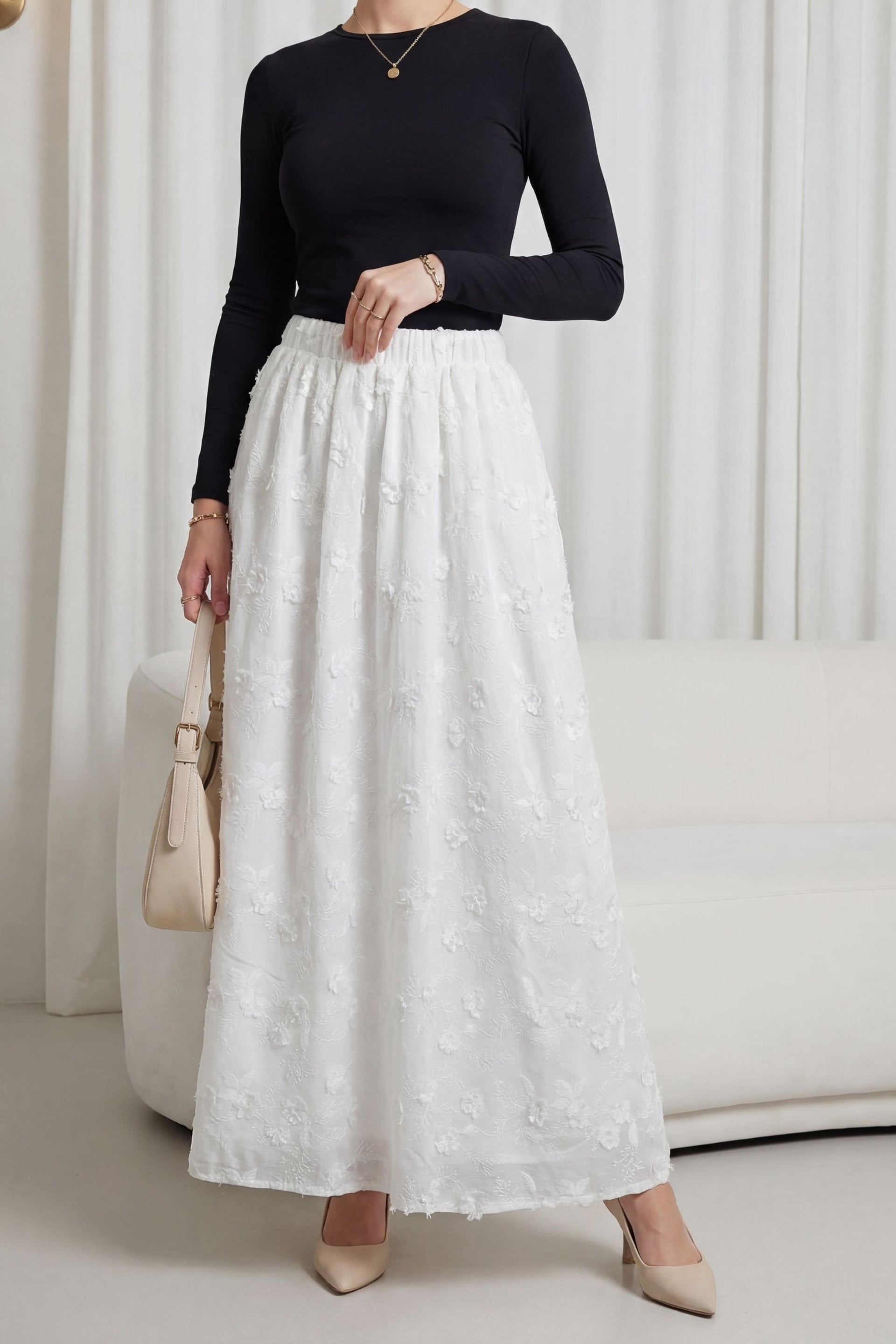 Elasticated Waist Flounced Lined Linen Look Skirt - Ecru - Podyumplus - by Peralane