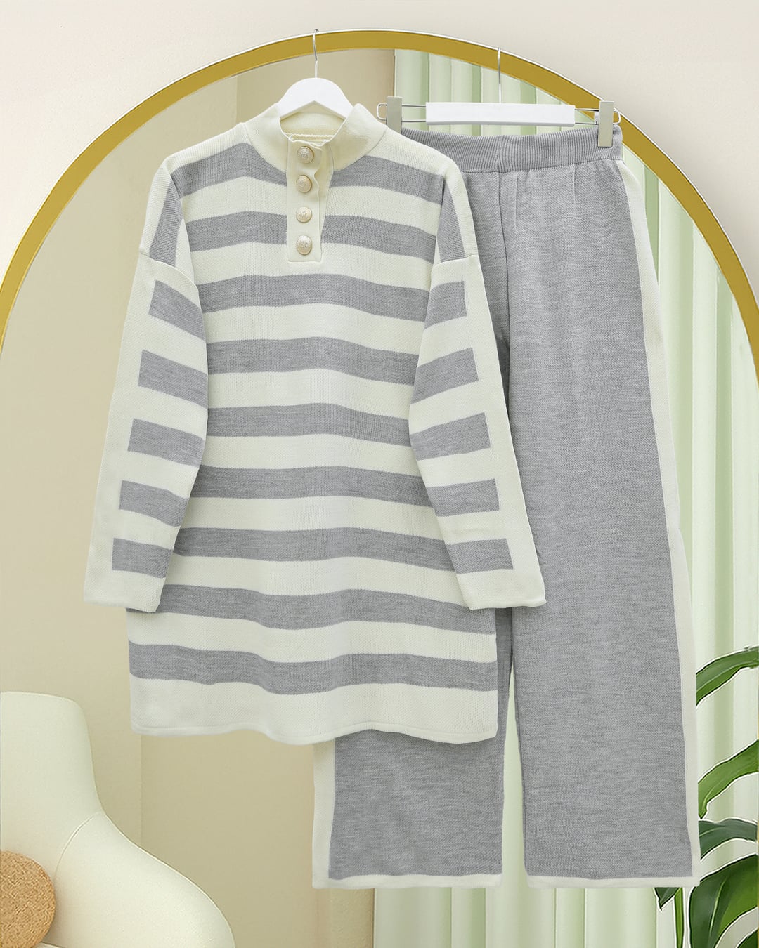Half-Collar Buttoned Thick Striped Knit Set - Grey - Podyumplus - by Peralane - photo 3