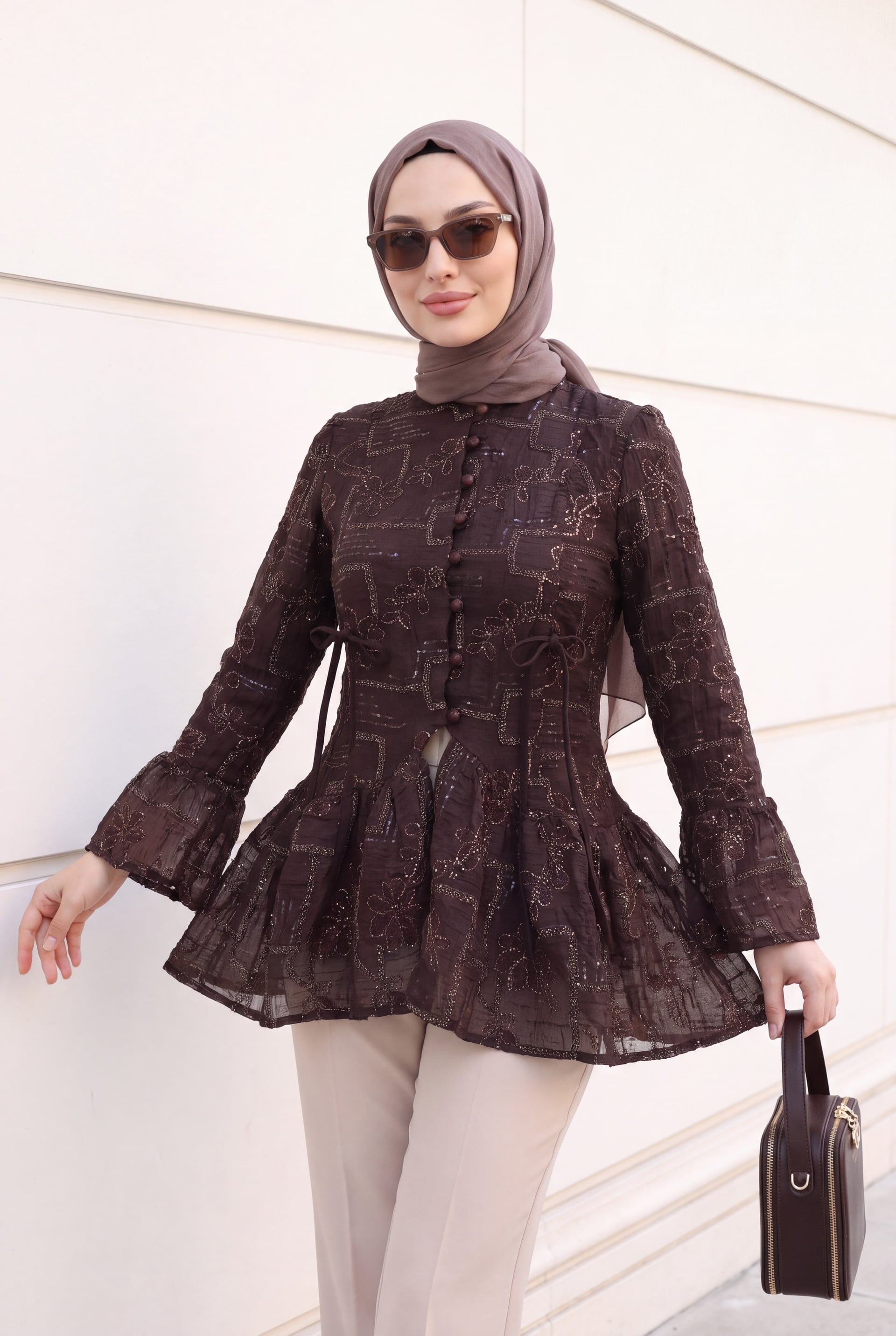 Dark Purple High Neck Button Front Lined Frilled Poliviscose Tunic - Podyumplus - by Peralane - photo 2
