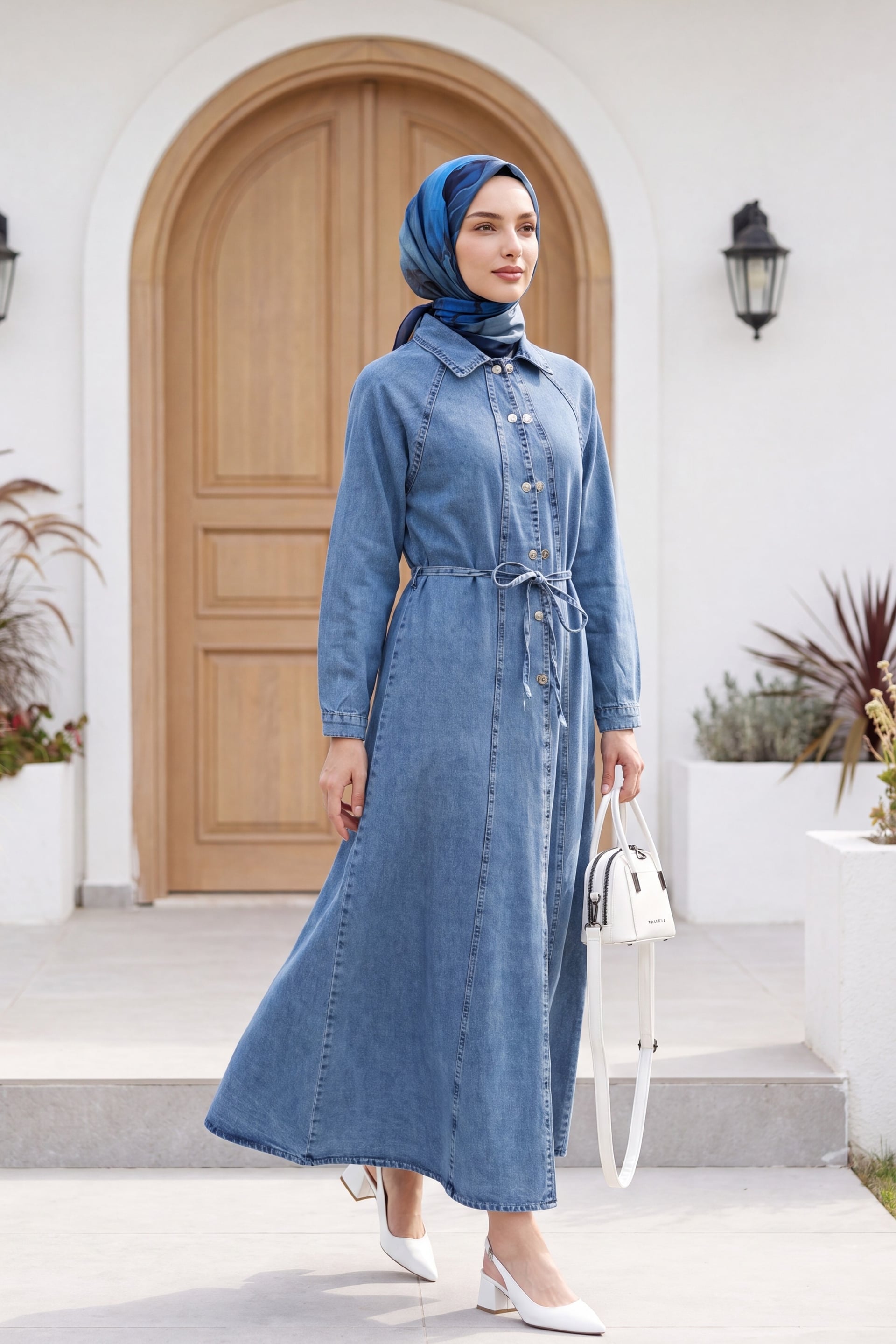 Long Denim Shirt Collar Dress with Belt - Ice Blue - Podyumplus - by Peralane - photo 3