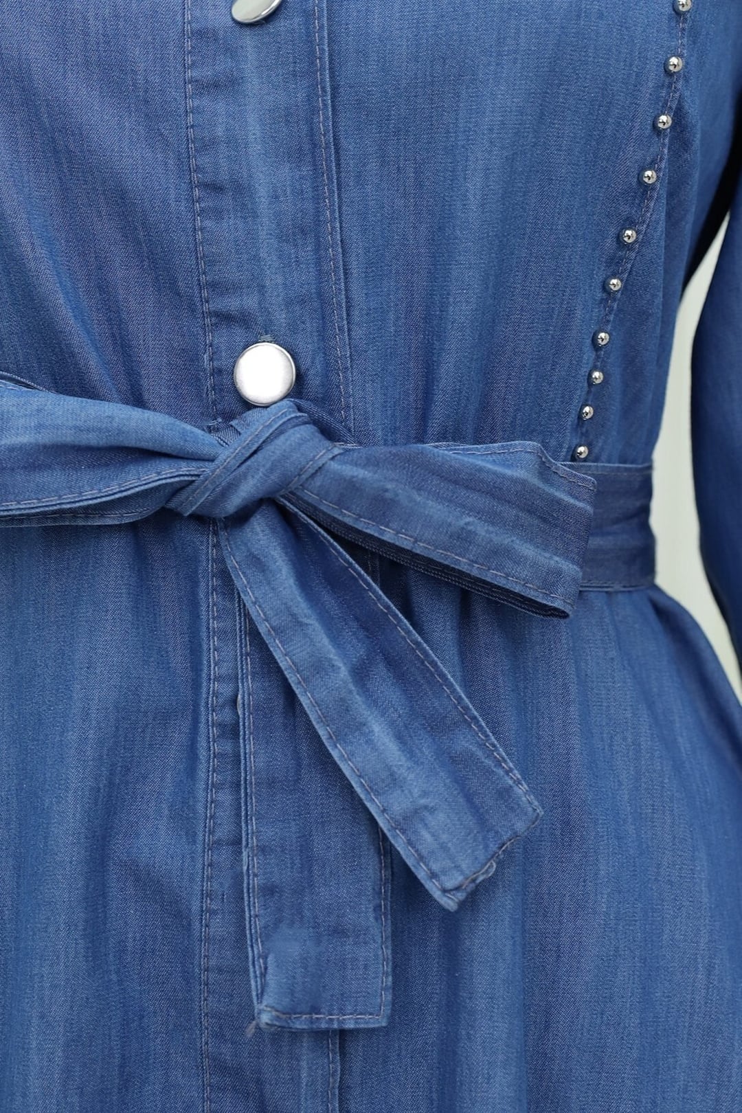 Beaded Denim Dress with Belt and Button Front - Blue - Podyumplus - by Peralane - photo 7