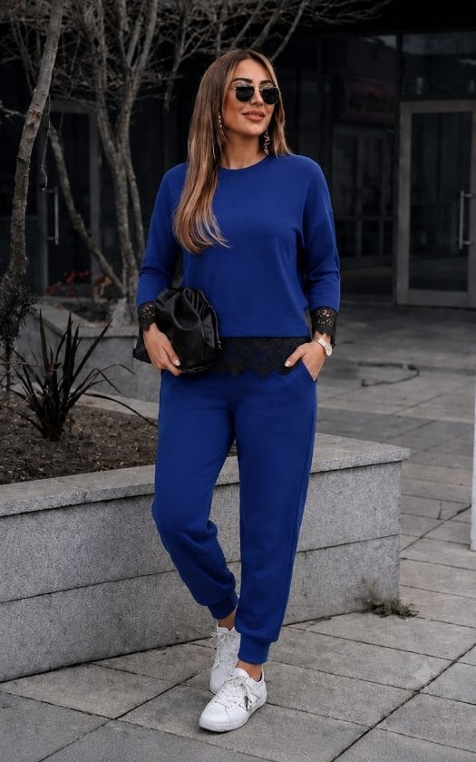 Women's Long-Sleeve Crew Neck Lace Trim Viscose Two-Thread Blouse and Trousers Two-Piece Set - Janes - by Peralane