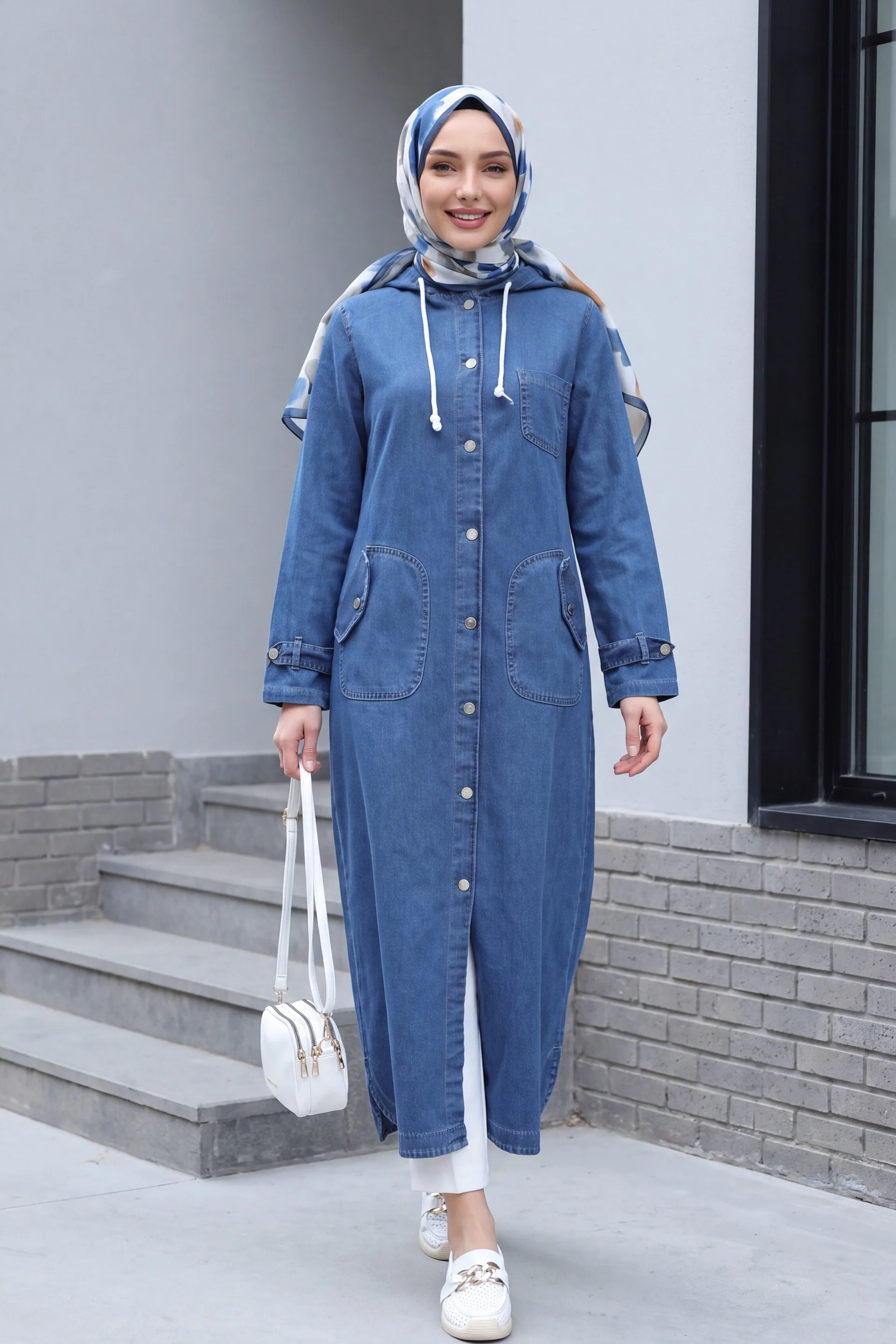 Women's Hooded Denim Trench Coat with Buttoned Pockets - Indigo - Podyumplus - by Peralane