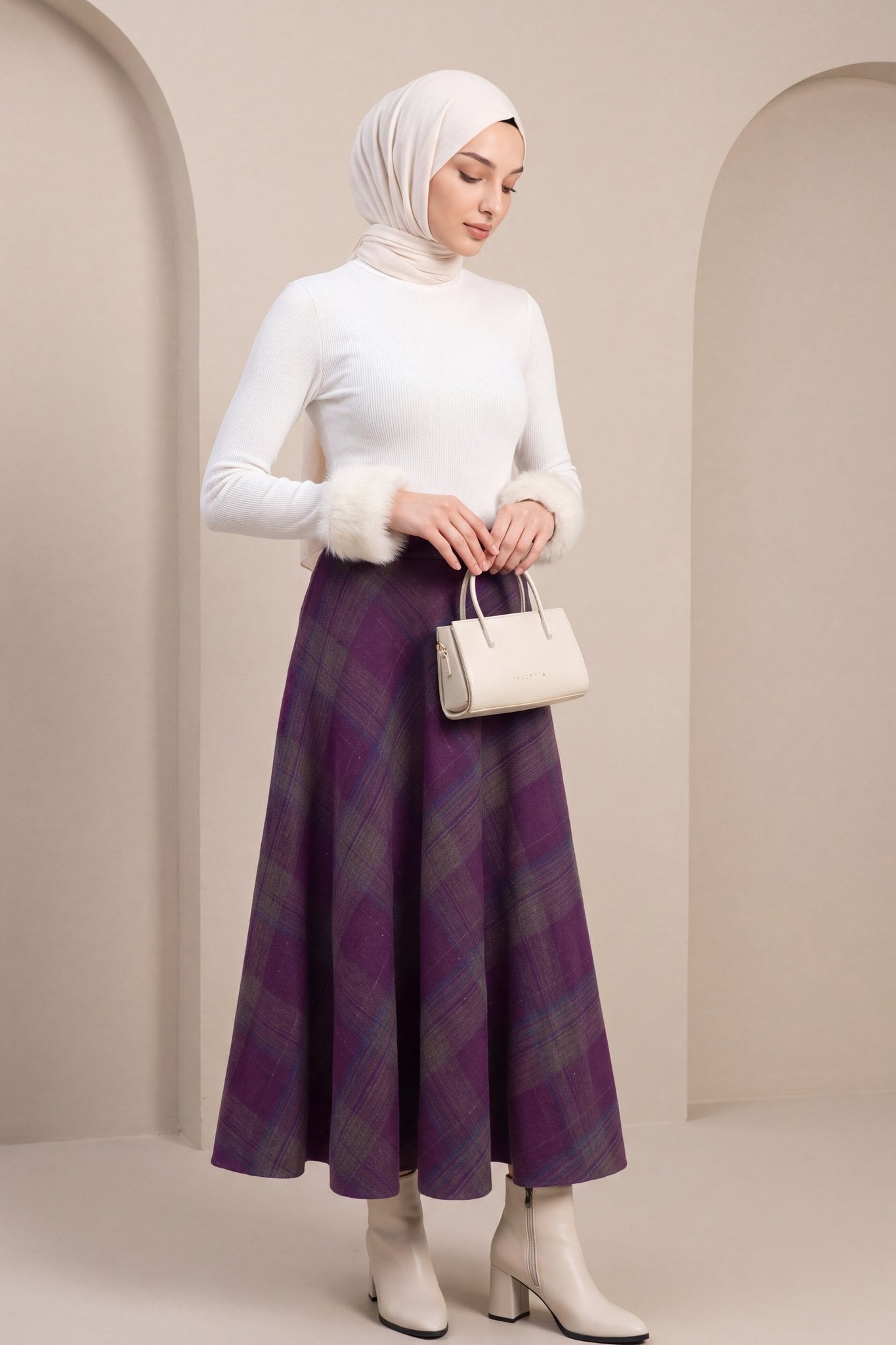 Plaid Patterned Side Zipper Flared Winter Skirt - Dark Plum - Podyumplus - by Peralane - photo 8