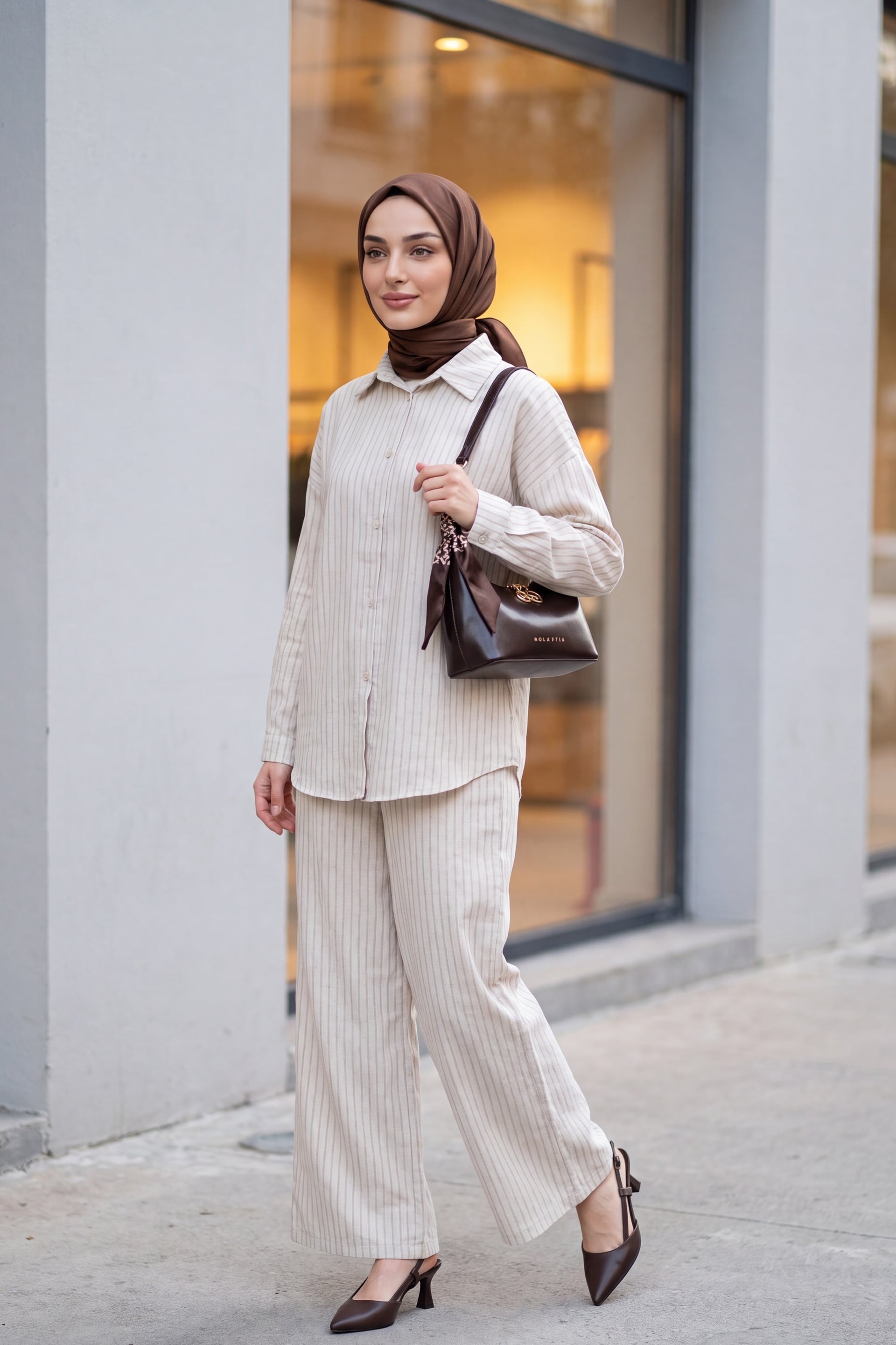 Striped Buttoned Linen Two-Piece Set with Trousers - Stone - Podyumplus - by Peralane - photo 5