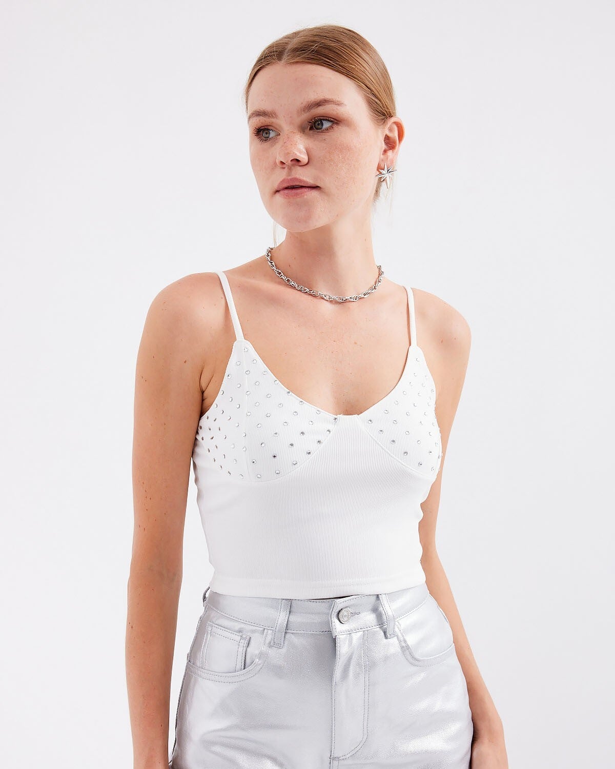 White Rhinestone Detail Spaghetti Strap Crop Top - Bigdart - by Peralane