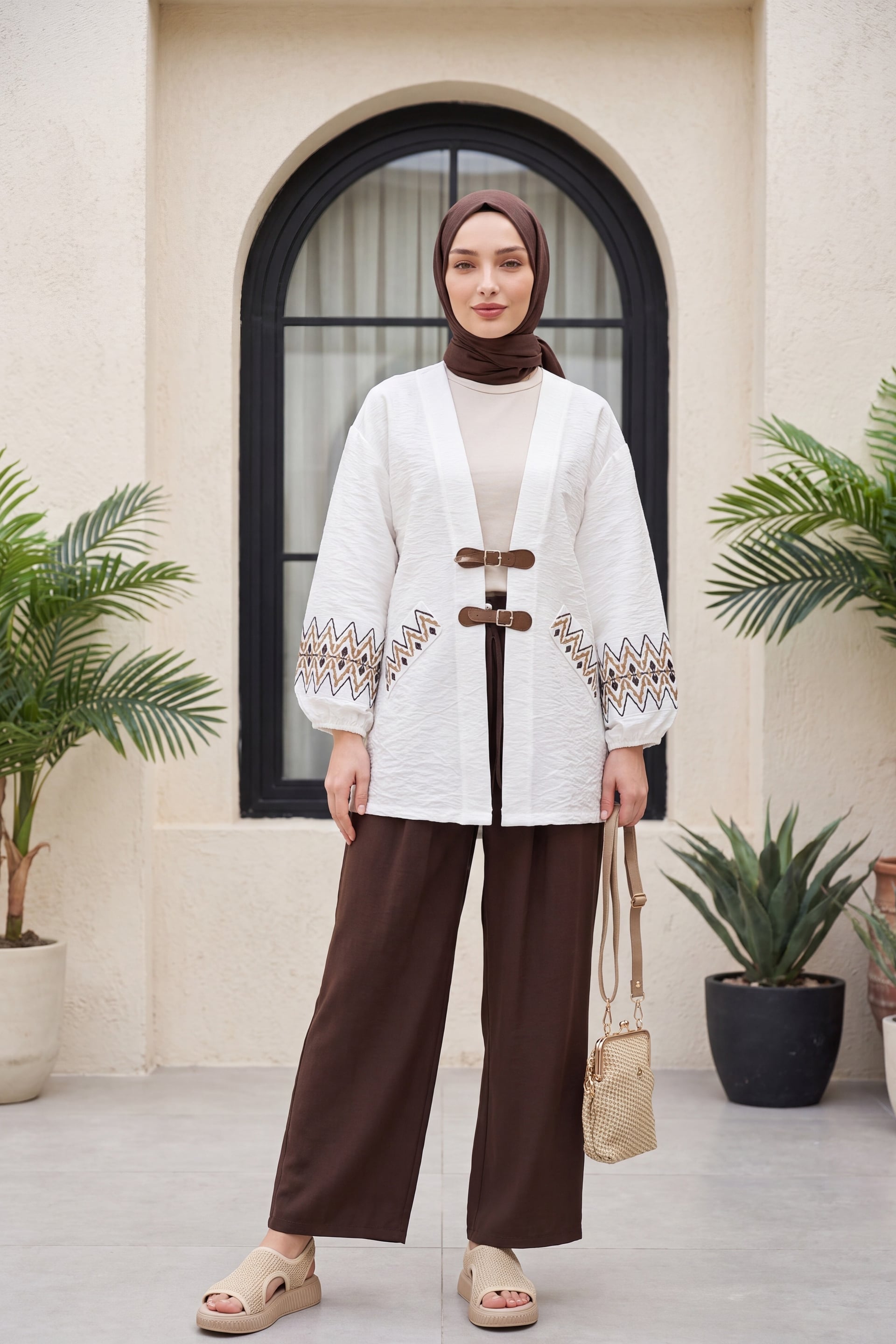 Embroidered Sleeve, Elastic Cuff, Belt Detail Linen Kimono - White - Podyumplus - by Peralane - photo 5