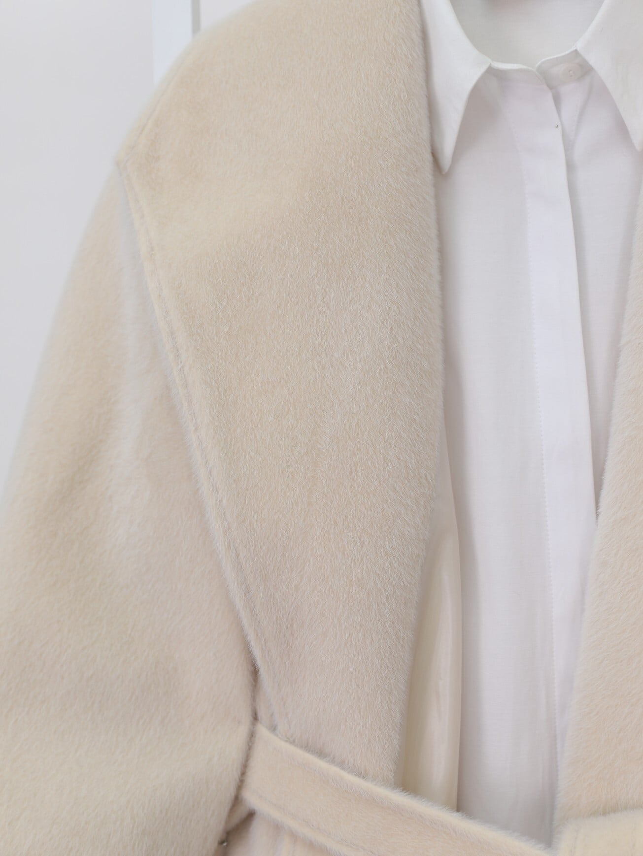 Women's Cream Shawl Collar Lined Faux Wool Coat with Ribbed Cuffs and Belt - Podyumplus - by Peralane - photo 3