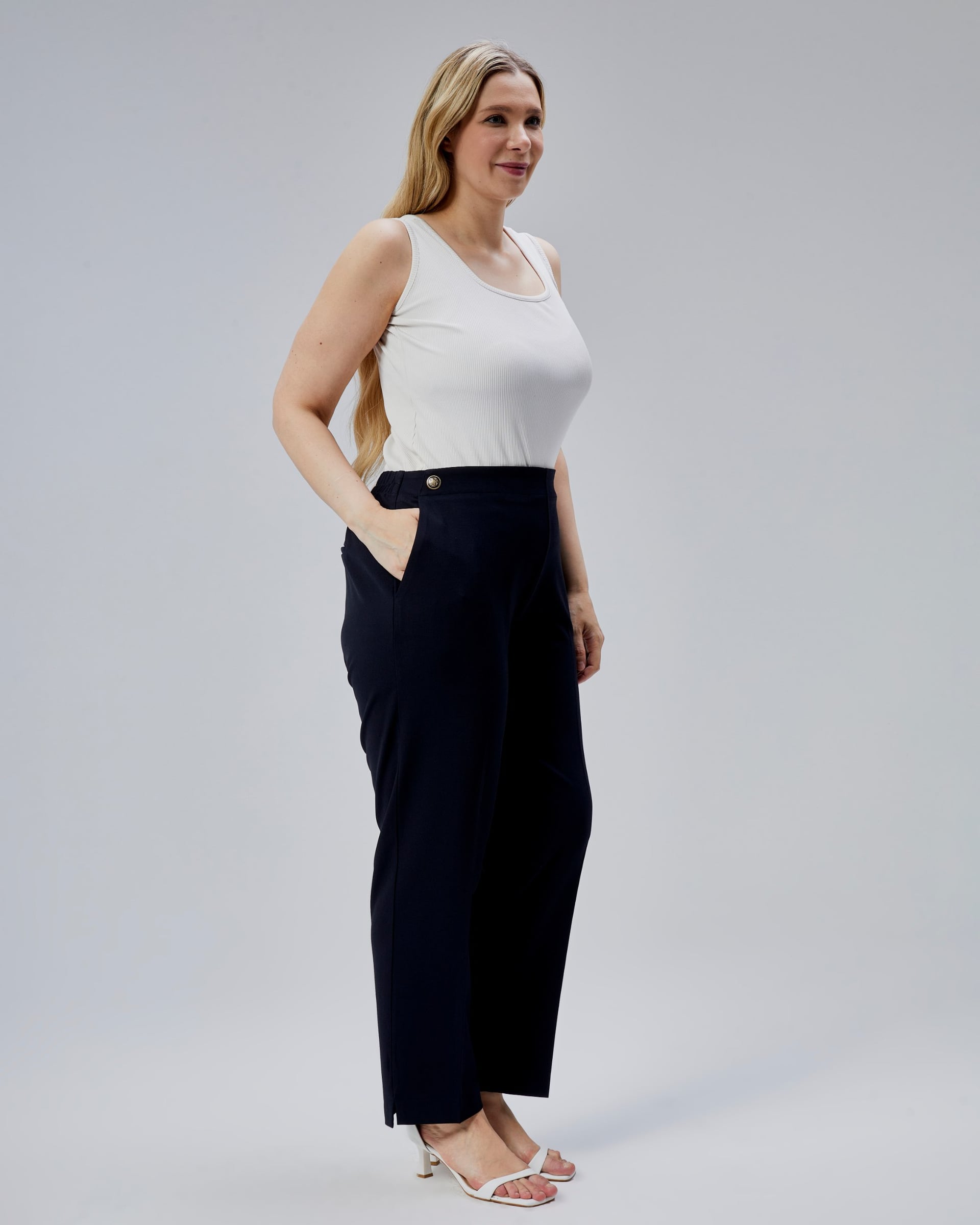 Navy Straight-Leg Trousers with Decorative Buttons and Back Elastic Waistband - Ouz Fashion - by Peralane - photo 4