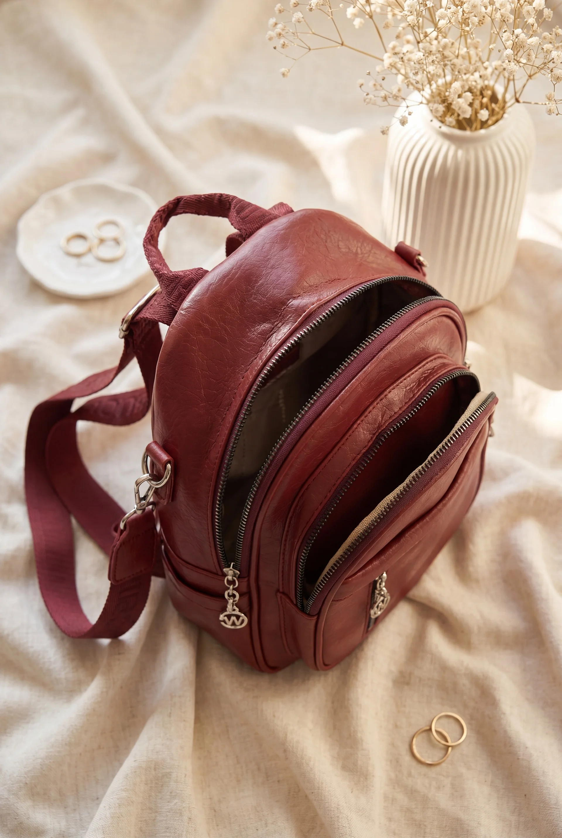 Oval Design Woven Strap Multi-Compartment Women's Backpack - Burgundy - Podyumplus - by Peralane - photo 2