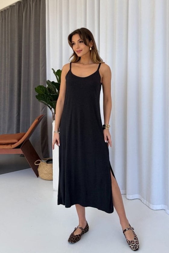 Women's Sleeveless V-Neck Maxi Dress with Side Slits - Black Viscose - Janes - by Peralane - photo 3