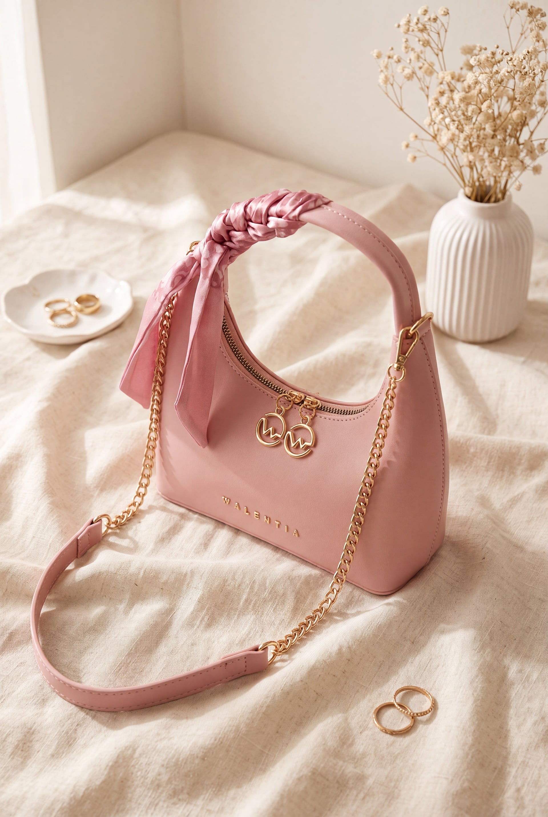 Pink Faux-Leather Handbag with Scarf Detail and Chain Strap - Podyumplus - by Peralane